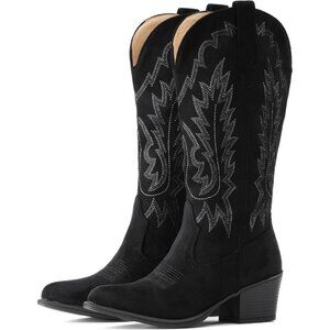 Women's Black IUV Cowboy Boots Western Mid Calf Snip Toe Heel Cowgirl Boots